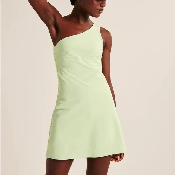 NEW Abercrombie Traveler One-Shoulder Mini Dress Light Bright Green Asymmetrical - Picture 2 of 5